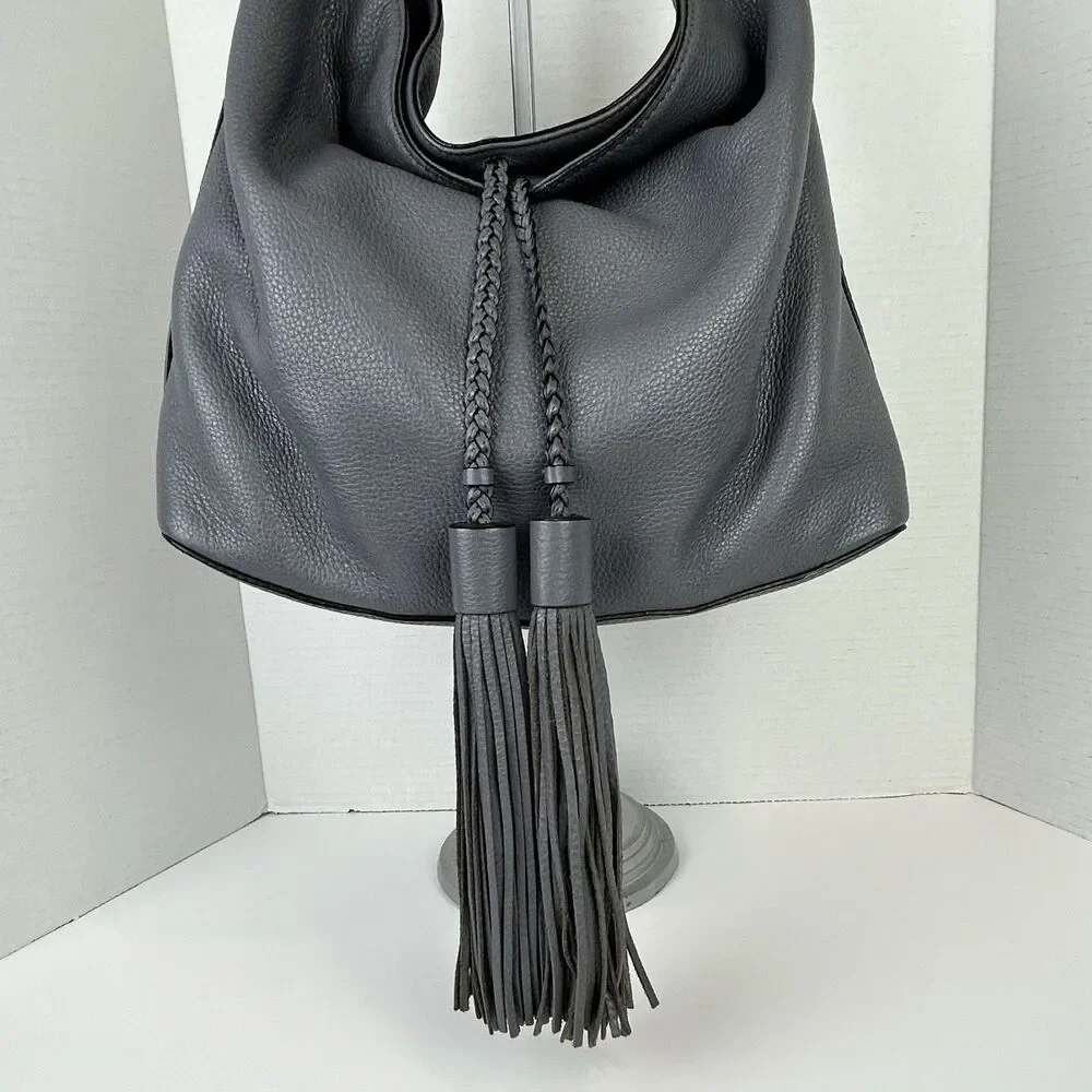 Rebecca Minkoff Isobel Tassel Hobo Grey Leather Shoulder Bag Fringe Braided Boho